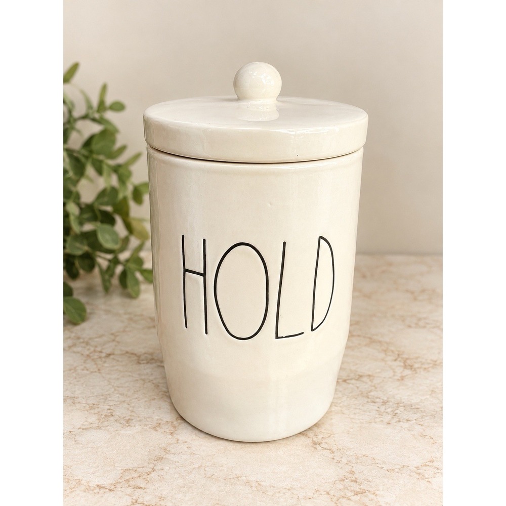 Rae Dunn "HOLD" ceramic jar with lid 6"